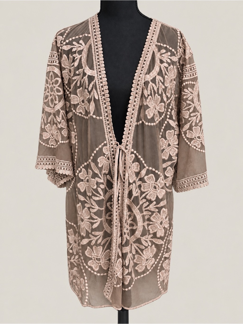 Umgee Taupe Blush Embroidered Mesh Duster Kimono Cardigan S